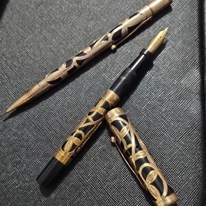 Vintage 1930 Morrison's Elegant 14K Gold Filigree Black Fountain Pen  Pencil Set